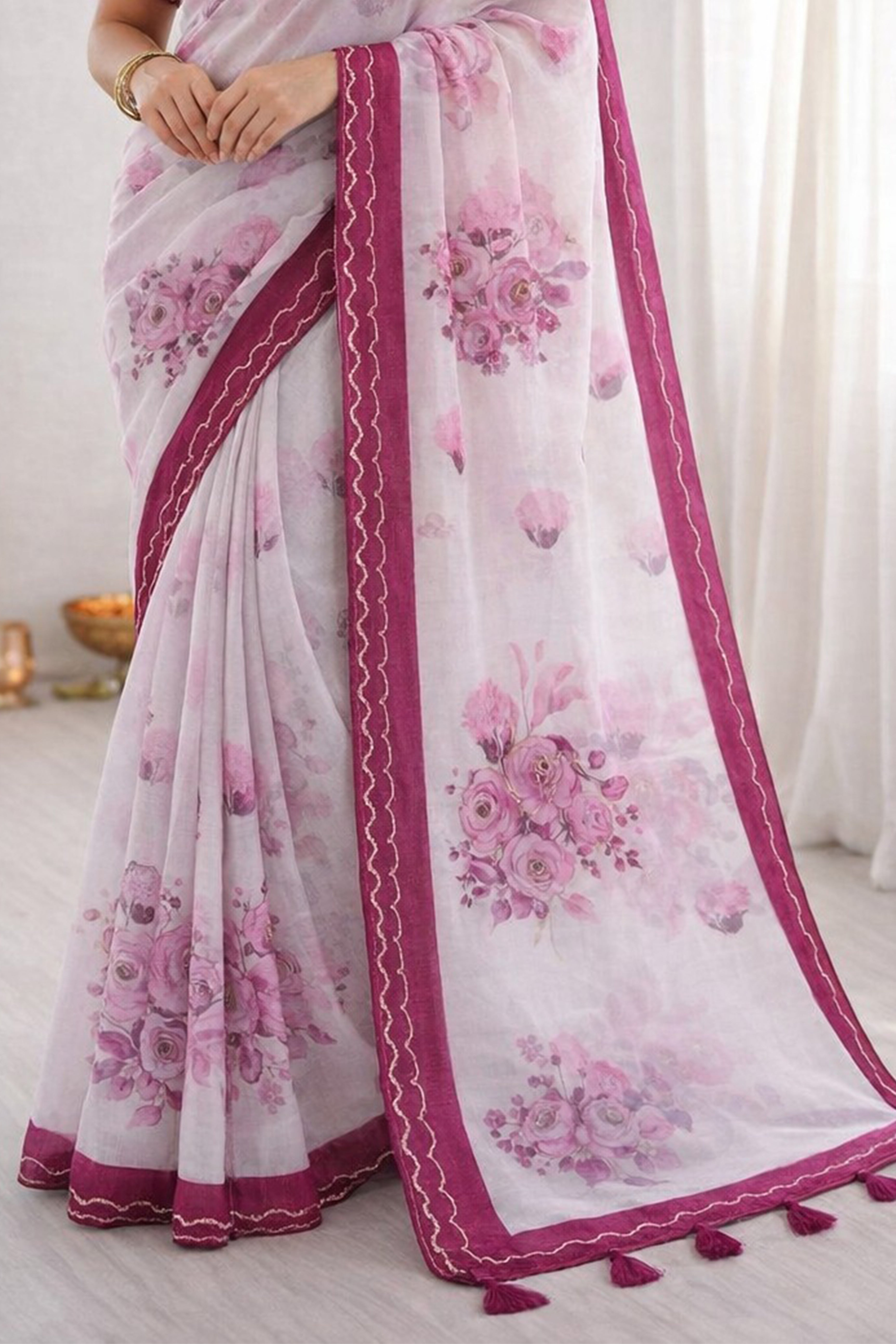 Sangam Prints Pink Cotton Print With Aari Work Woven Work Traditional Saree - Dista
