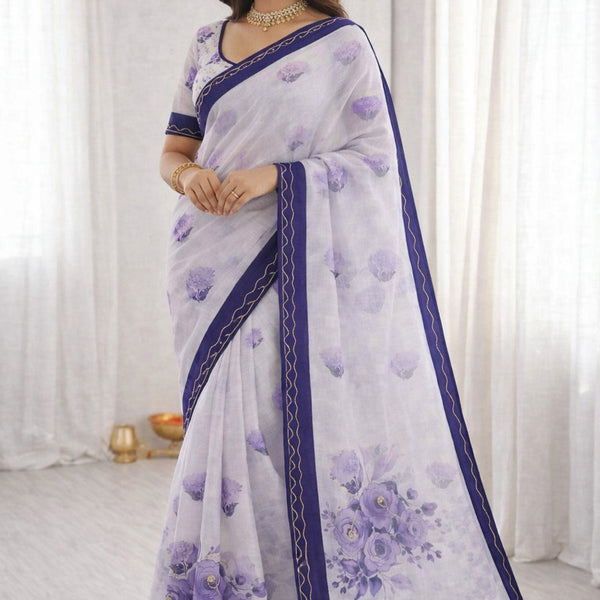 Sangam Prints Purple Cotton Print With Aari Work Woven Work Traditional Saree - Dista