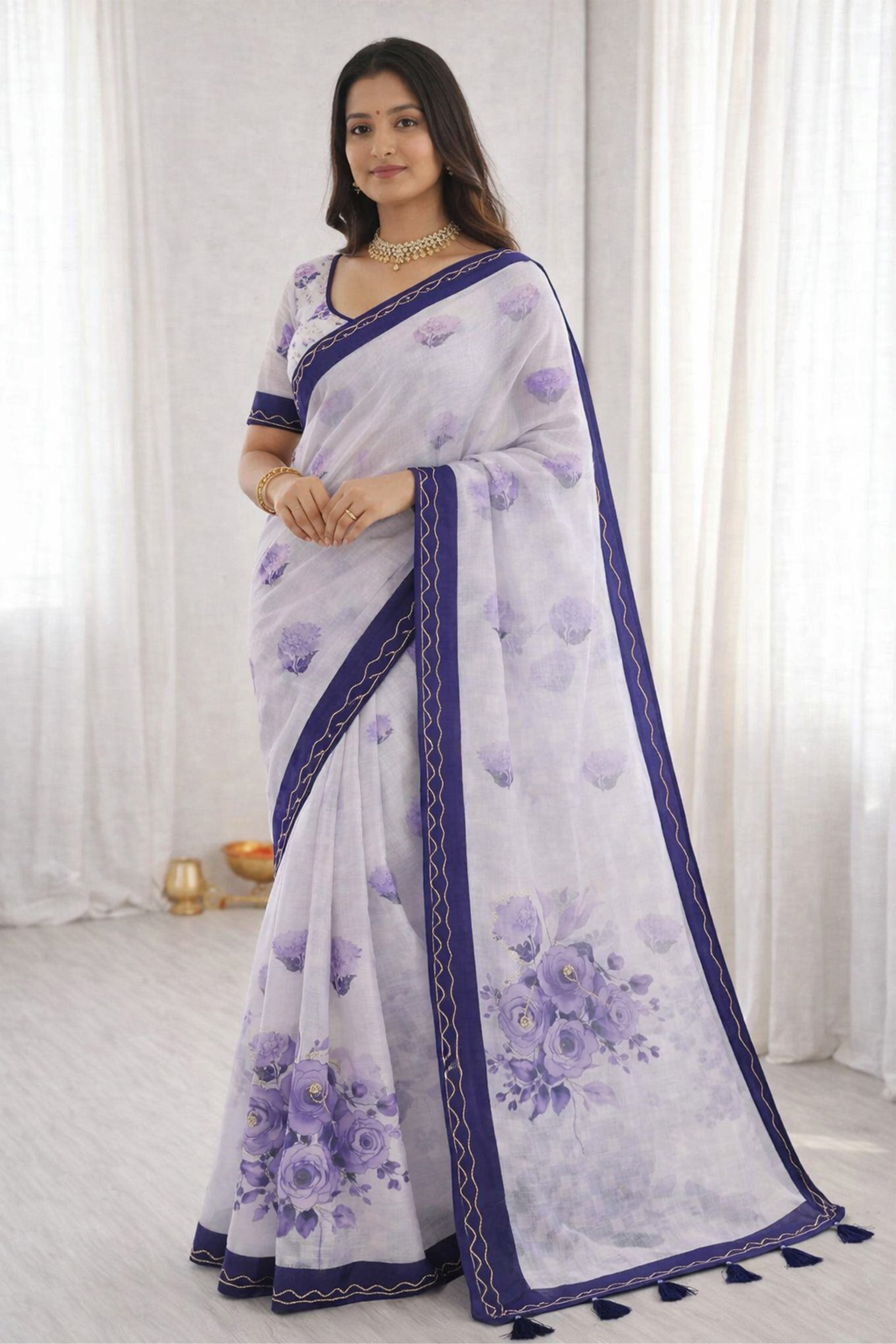 Sangam Prints Purple Cotton Print With Aari Work Woven Work Traditional Saree - Dista