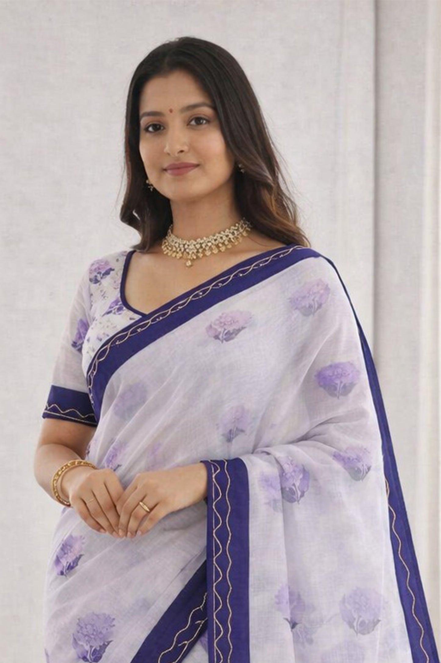 Sangam Prints Purple Cotton Print With Aari Work Woven Work Traditional Saree - Dista