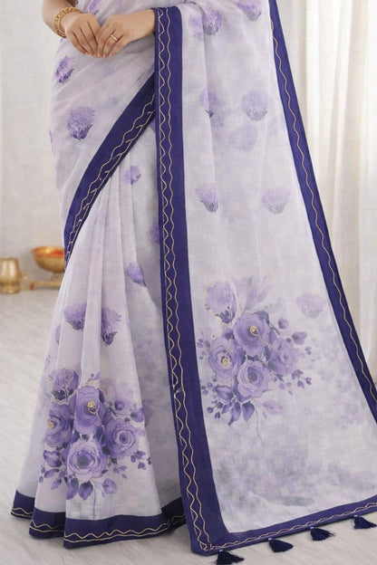 Sangam Prints Purple Cotton Print With Aari Work Woven Work Traditional Saree - Dista