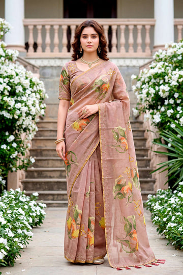 Sangam Prints Purple Cotton Print With Aari Work Woven Work Traditional Saree - Dista