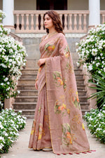 Thumbnail for Sangam Prints Purple Cotton Print With Aari Work Woven Work Traditional Saree - Dista