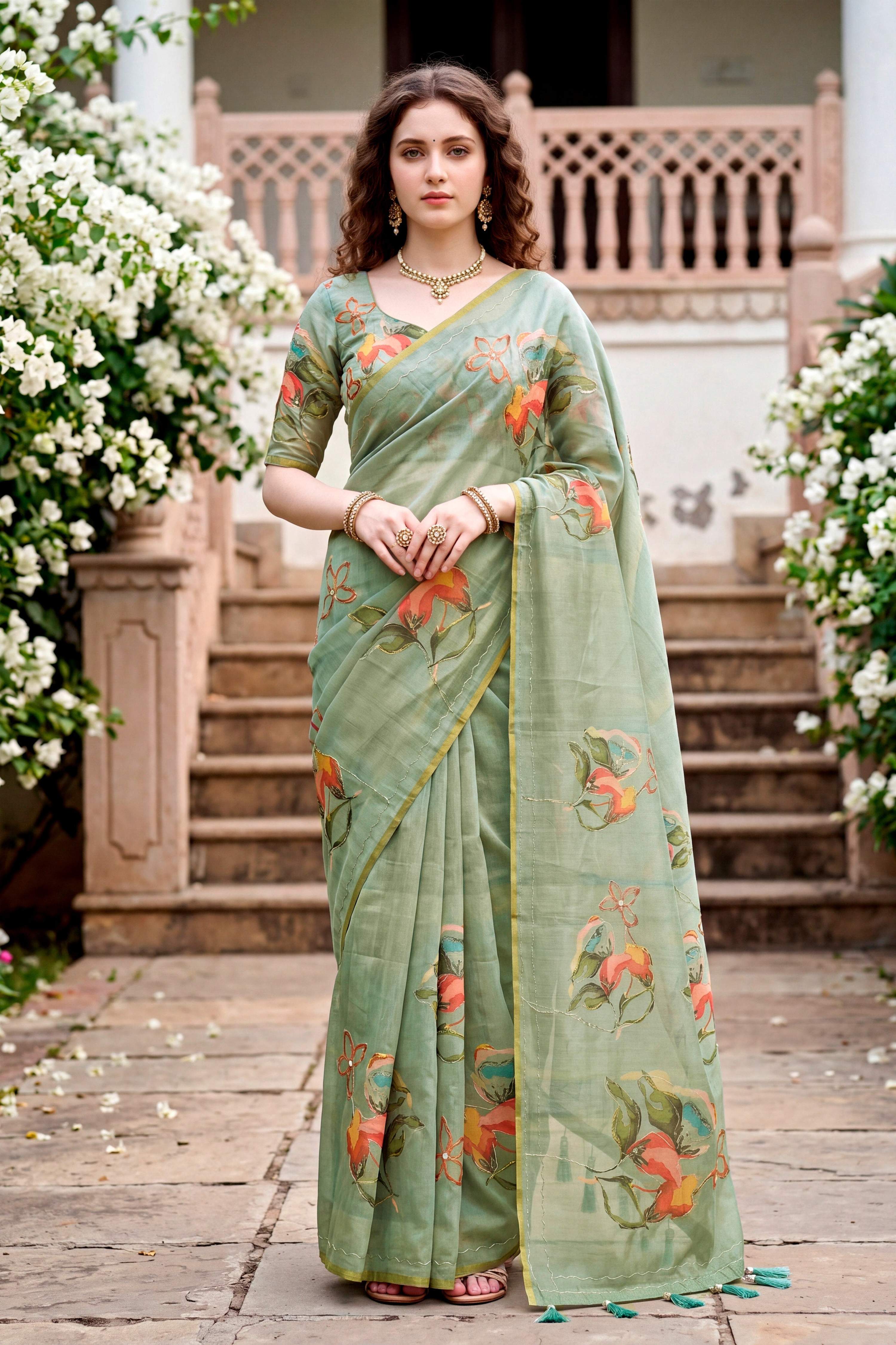 Sangam Prints Grey Cotton Print With Aari Work Woven Work Traditional Saree - Dista