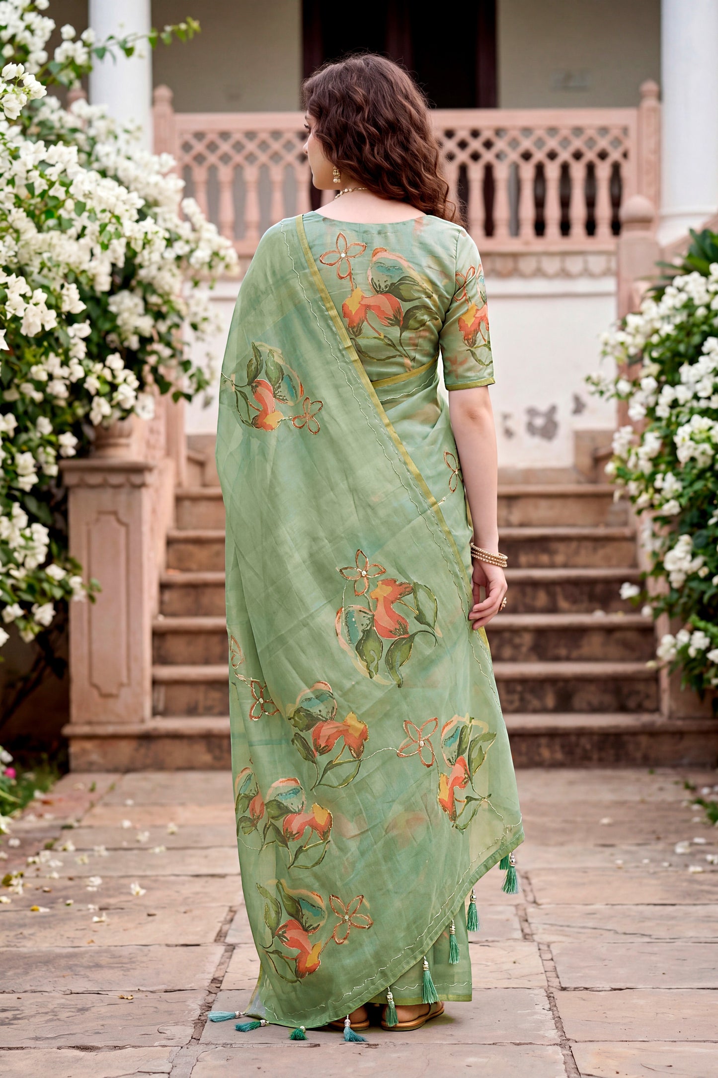 Sangam Prints Grey Cotton Print With Aari Work Woven Work Traditional Saree - Dista