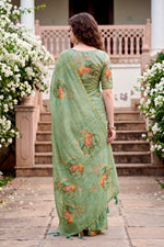 Thumbnail for Sangam Prints Grey Cotton Print With Aari Work Woven Work Traditional Saree - Dista