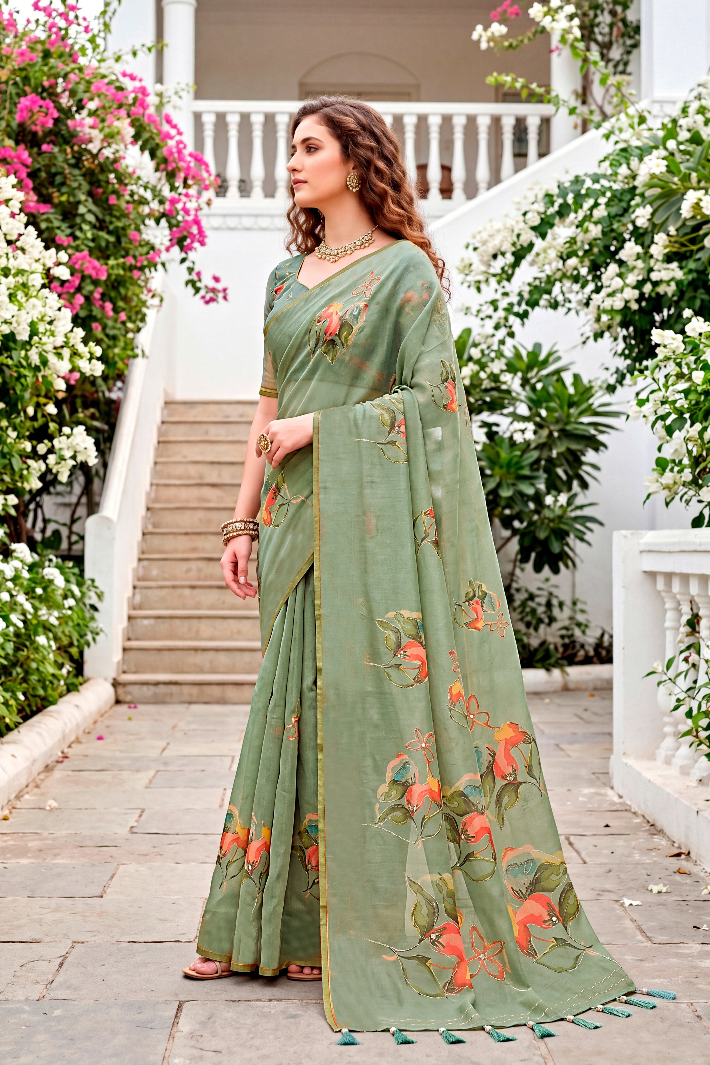 Sangam Prints Grey Cotton Print With Aari Work Woven Work Traditional Saree - Dista