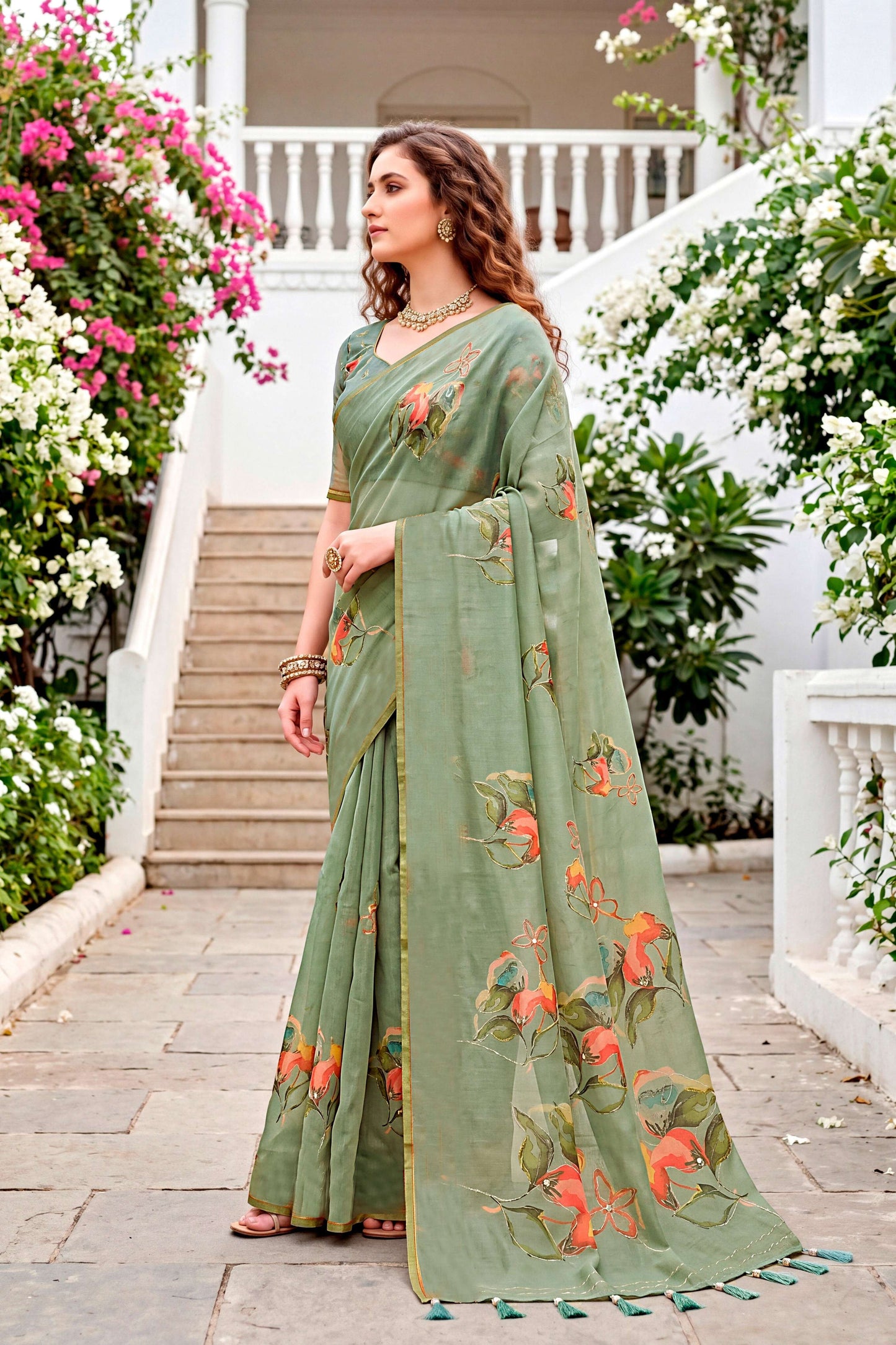 Sangam Prints Grey Cotton Print With Aari Work Woven Work Traditional Saree - Dista