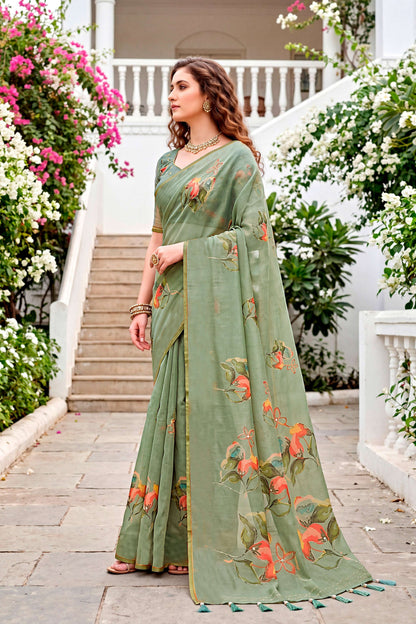 Sangam Prints Grey Cotton Print With Aari Work Woven Work Traditional Saree - Dista