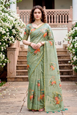 Thumbnail for Sangam Prints Grey Cotton Print With Aari Work Woven Work Traditional Saree - Dista