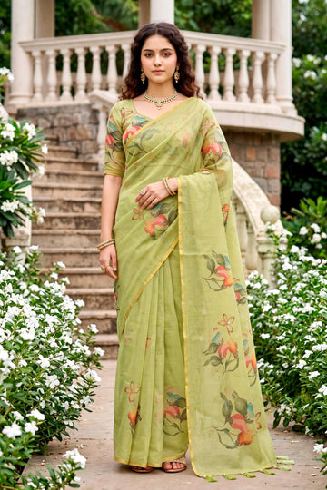 Sangam Prints Green Cotton Print With Aari Work Woven Work Traditional Saree - Dista