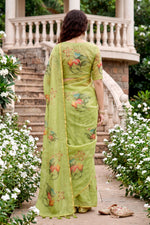 Thumbnail for Sangam Prints Green Cotton Print With Aari Work Woven Work Traditional Saree - Dista