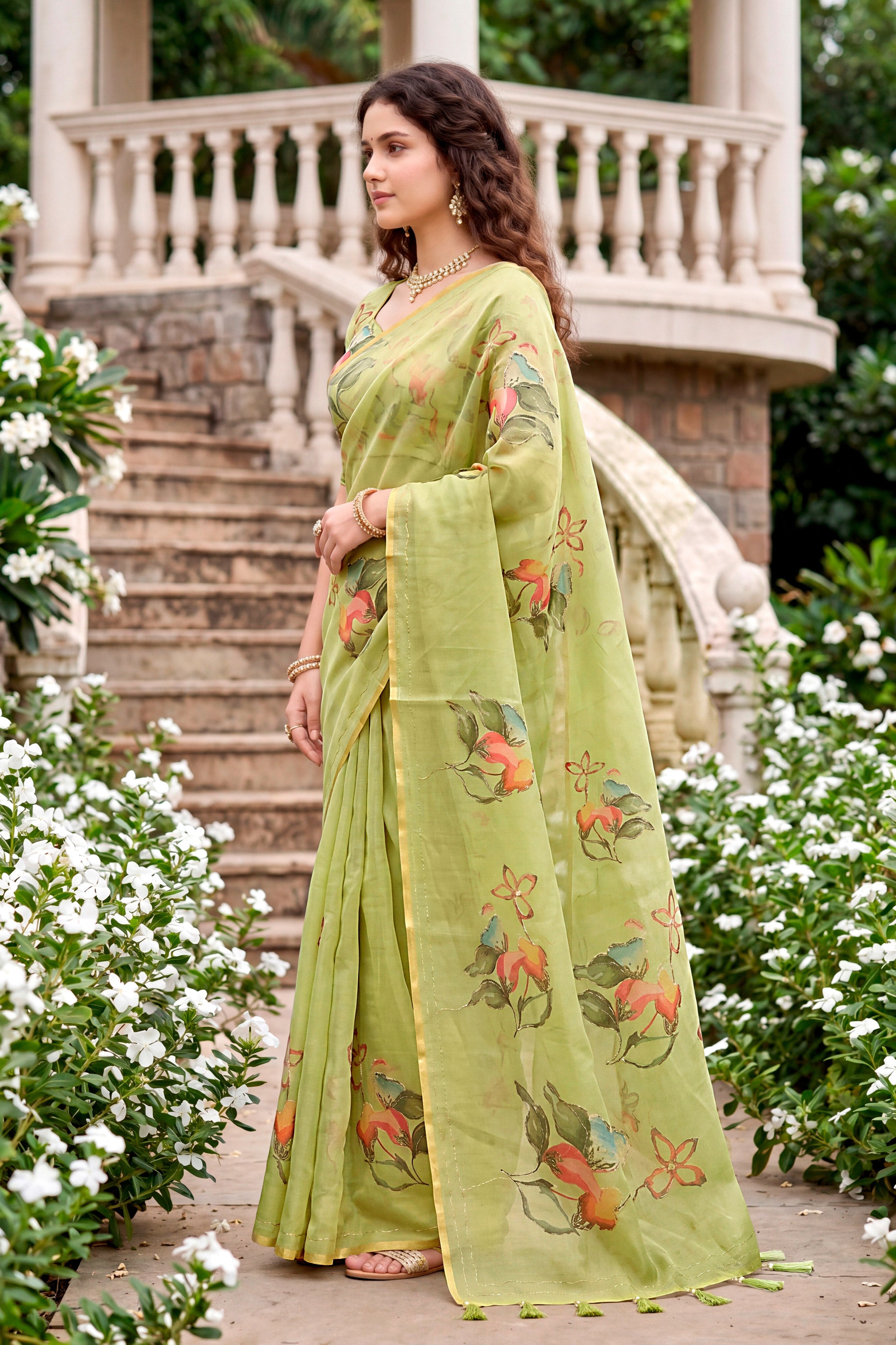 Sangam Prints Green Cotton Print With Aari Work Woven Work Traditional Saree - Dista