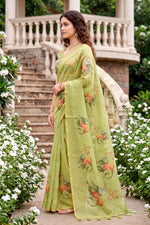Thumbnail for Sangam Prints Green Cotton Print With Aari Work Woven Work Traditional Saree - Dista