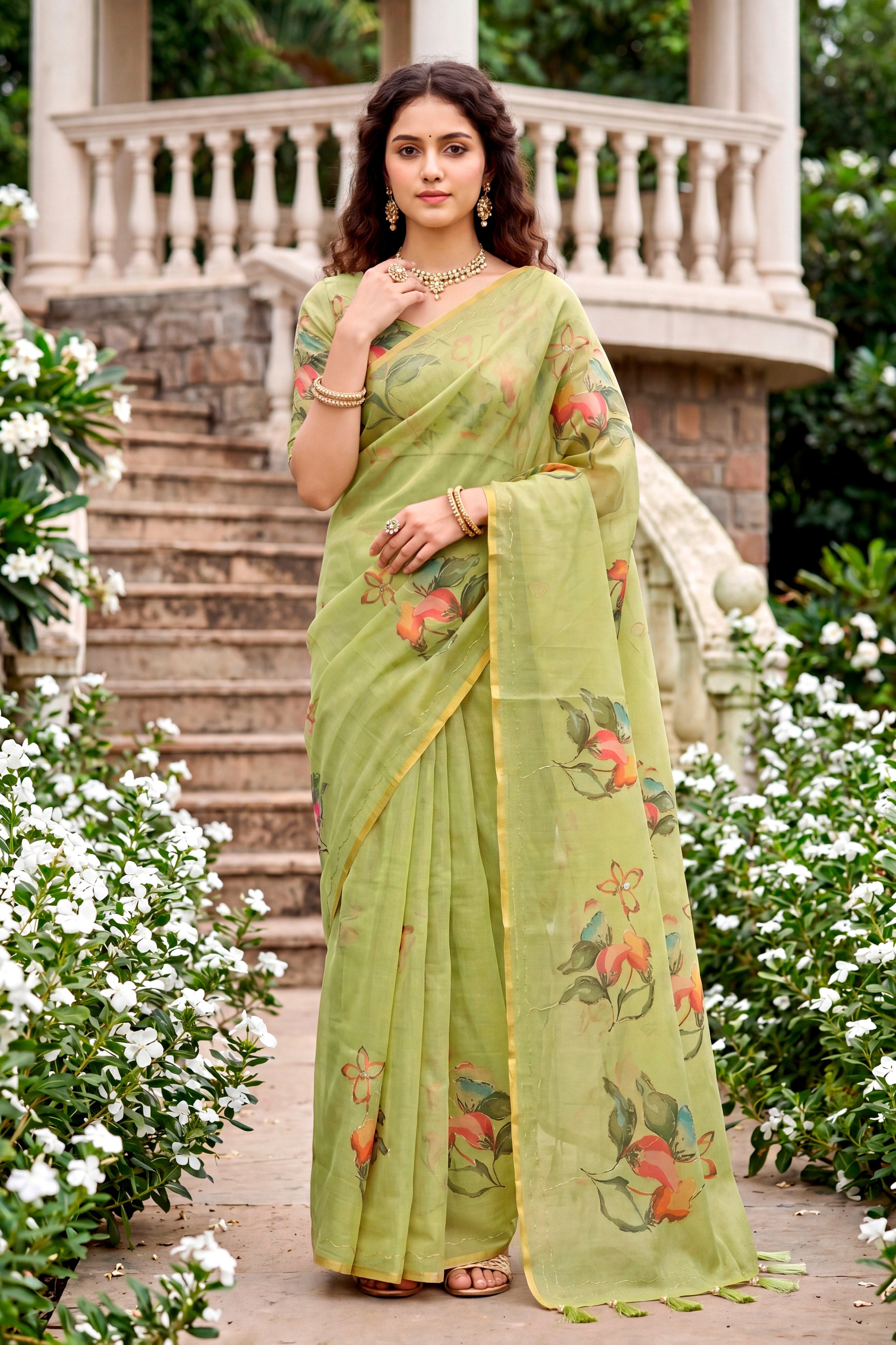 Sangam Prints Green Cotton Print With Aari Work Woven Work Traditional Saree - Dista