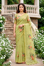 Thumbnail for Sangam Prints Green Cotton Print With Aari Work Woven Work Traditional Saree - Dista
