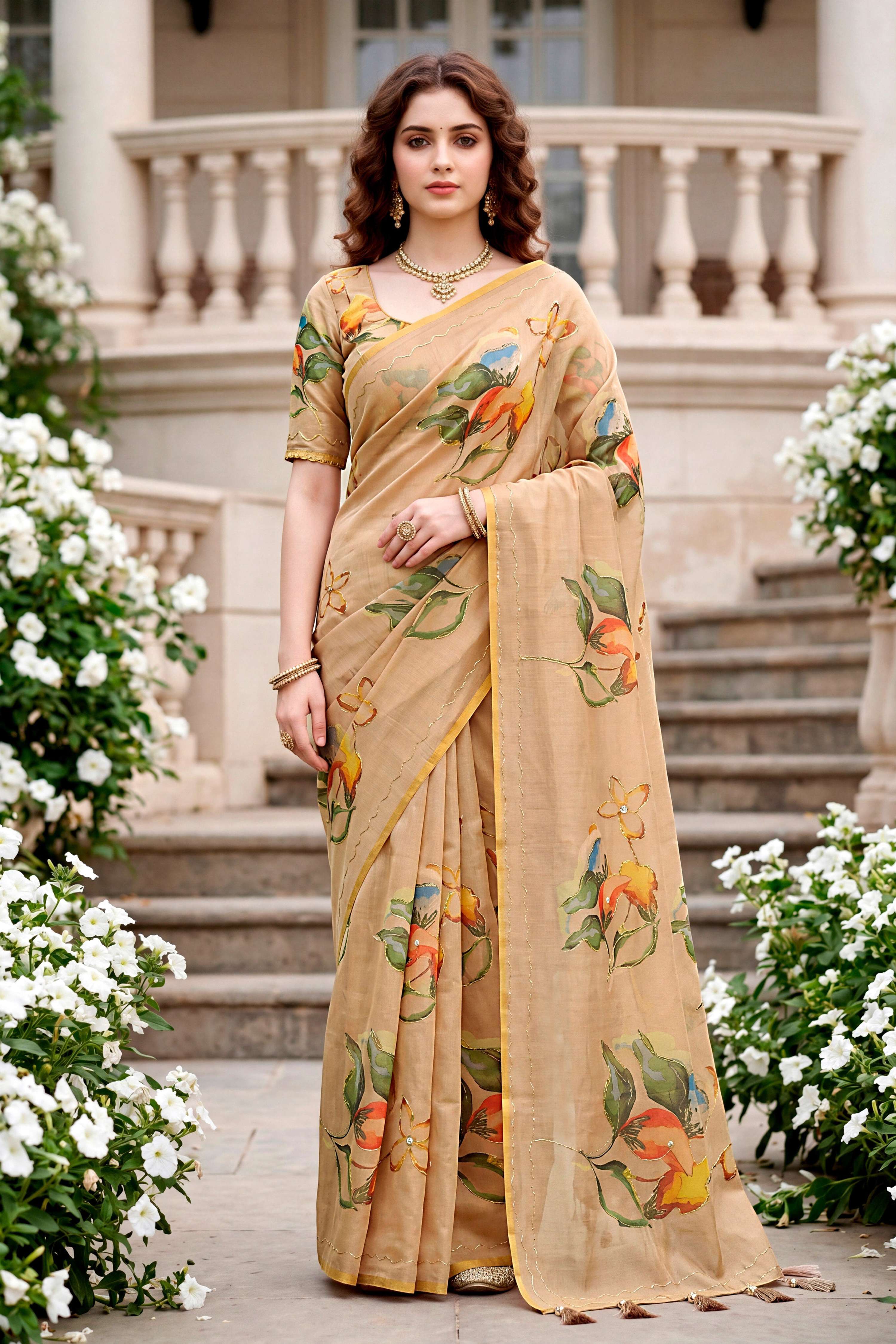 Sangam Prints Beige Cotton Print With Aari Work Woven Work Traditional Saree - Dista