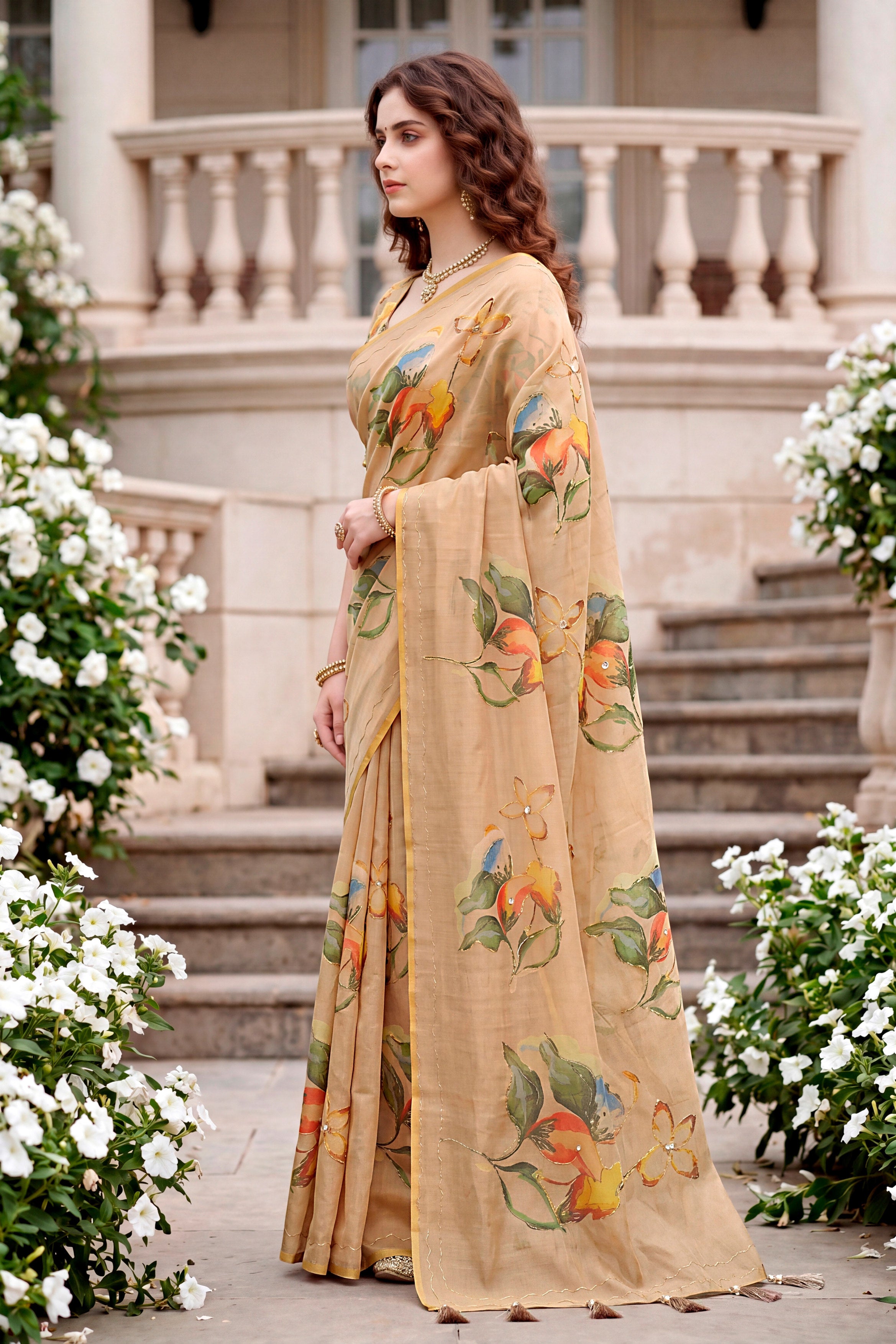 Sangam Prints Beige Cotton Print With Aari Work Woven Work Traditional Saree - Dista