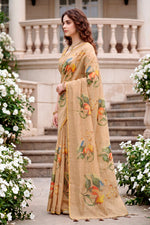 Thumbnail for Sangam Prints Beige Cotton Print With Aari Work Woven Work Traditional Saree - Dista