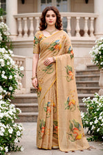 Thumbnail for Sangam Prints Beige Cotton Print With Aari Work Woven Work Traditional Saree - Dista