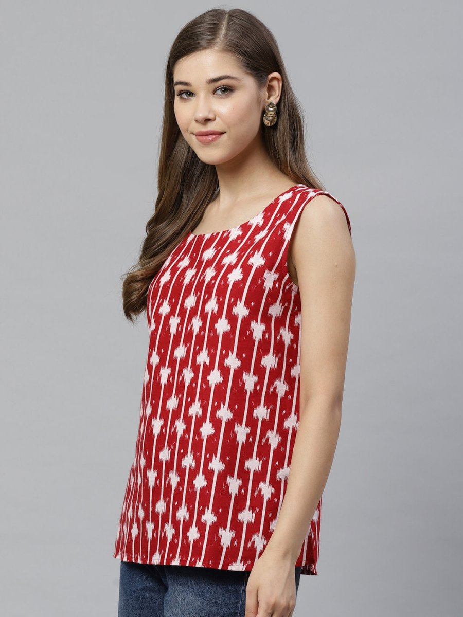Ahalyaa Women Red & White Printed Pure Cotton Top - Distacart