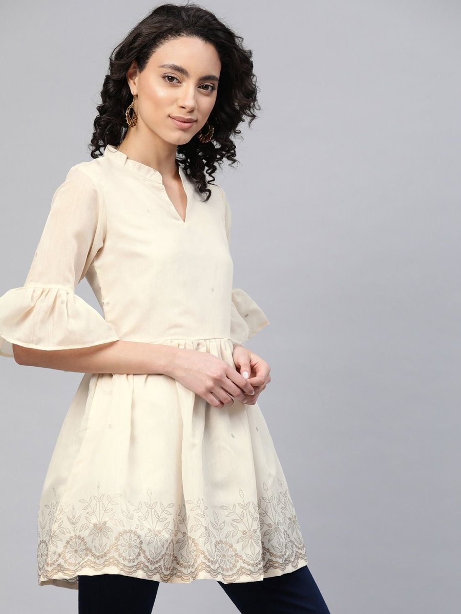 Ahalyaa Women Cream-Coloured Chanderi Ethnic Print Tunic