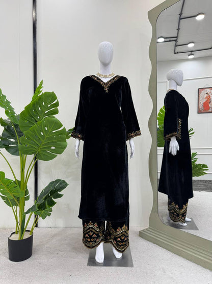 Prazu Fashion Black Viscose Velvet Thread Sequence Salwar Suit - Distacart