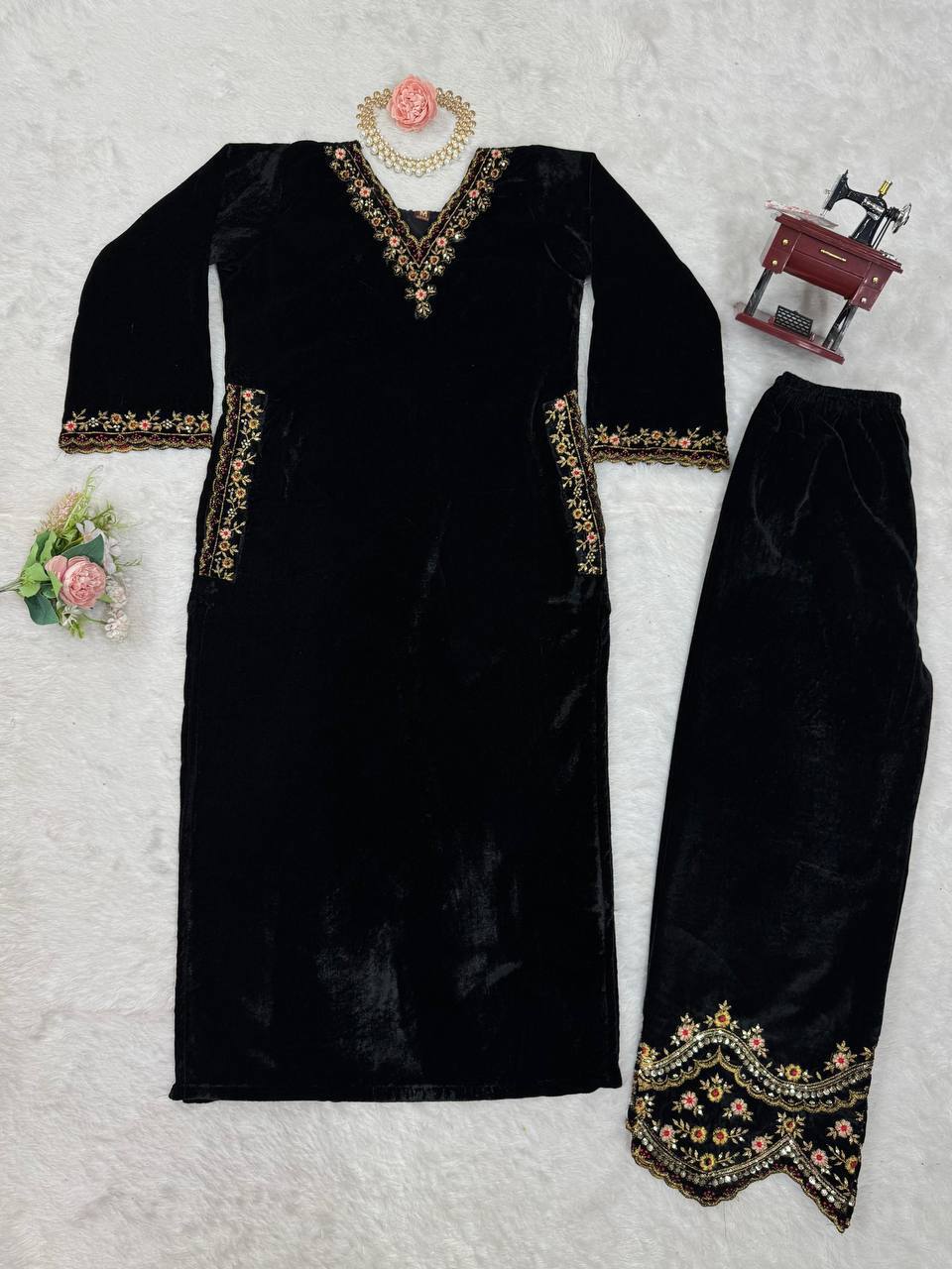 Prazu Fashion Navy Blue Viscose Velvet Thread Sequence Salwar Suit