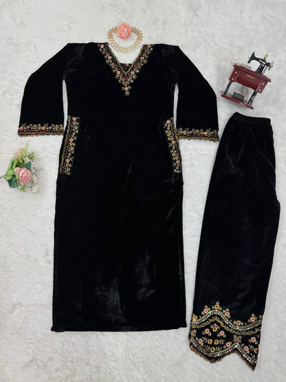Prazu Fashion Black Viscose Velvet Thread Sequence Salwar Suit - Distacart
