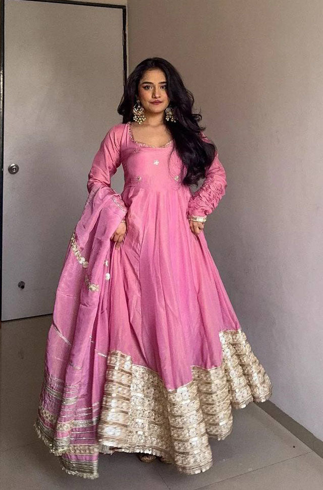 Prazu Fashion Pink Chinon Silk Thread Sequence Anarkali Suit - Dista