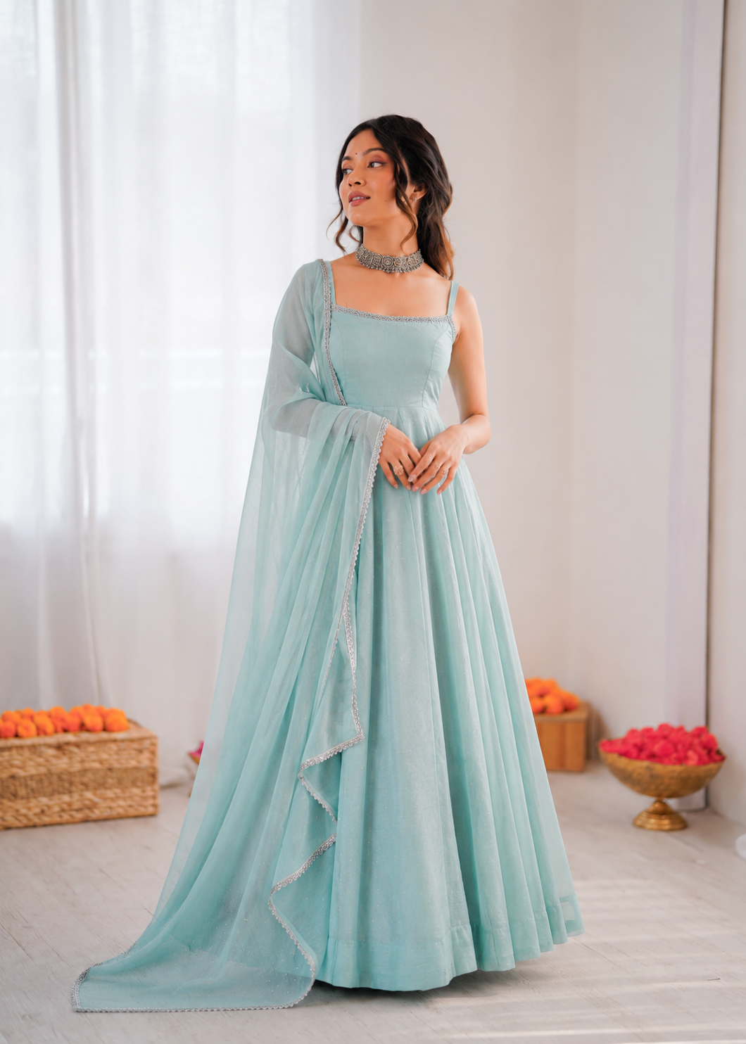 Prazu Fashion Sky Blue Art Silk Hotfixing Designer Anarkali Suit - Dista