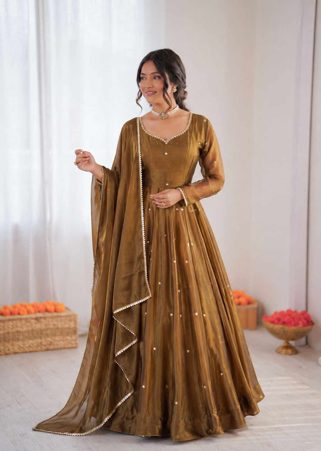 Prazu Fashion Olive Green Art Silk Thread Work Anarkali Suit
