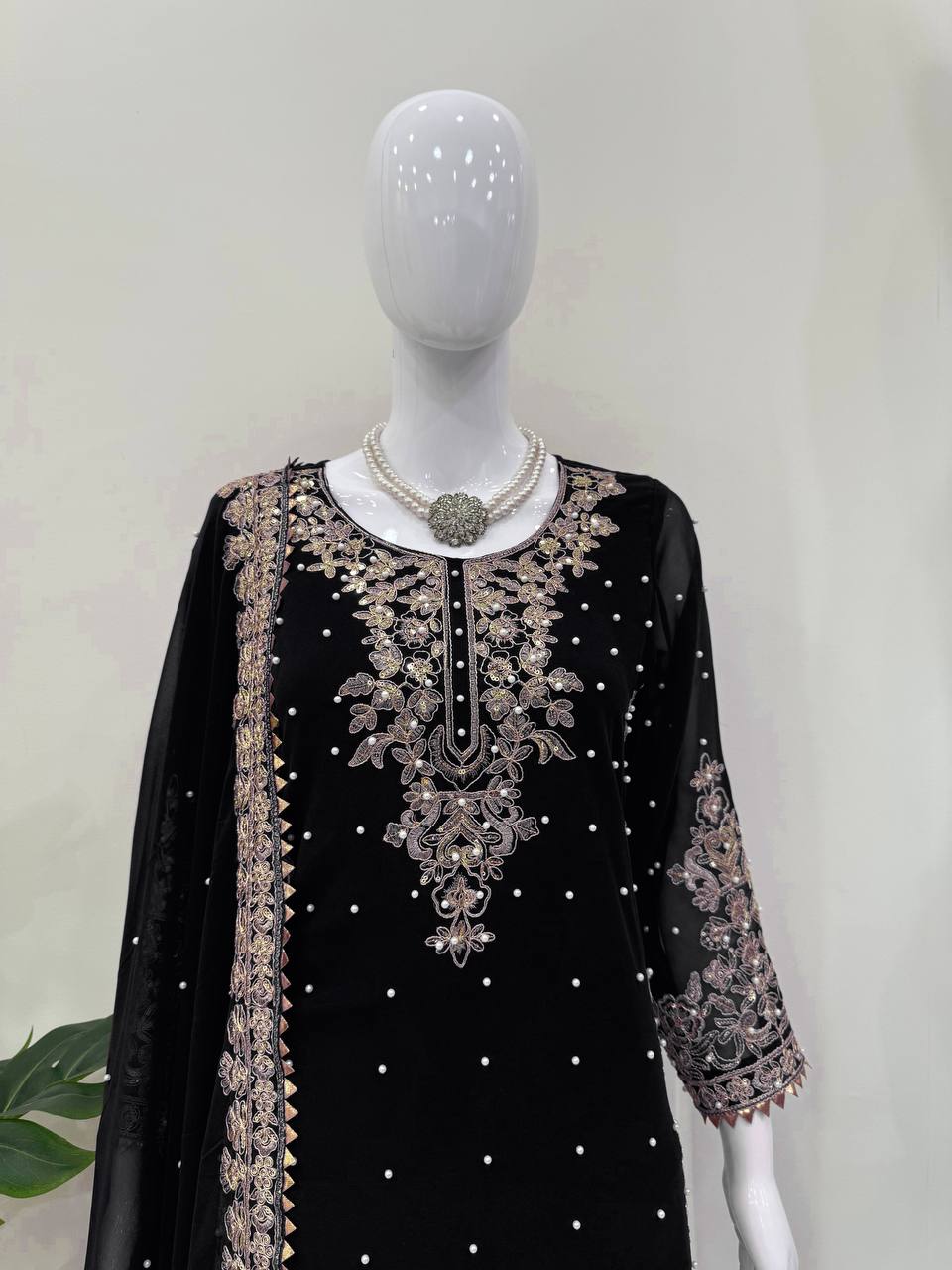 Prazu Fashion Black Georgette Sequin With Rivet Moti Palazzo Suit