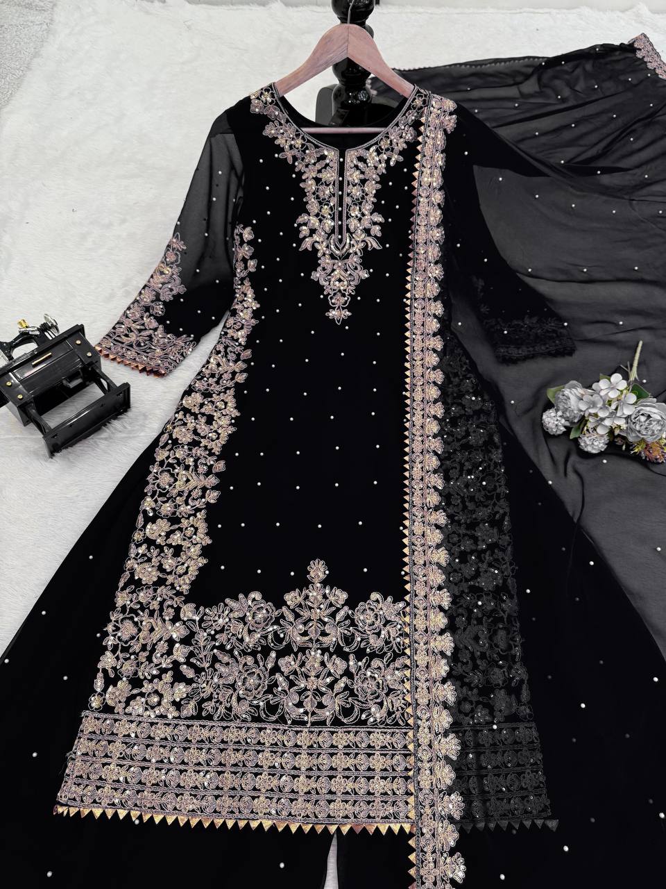 Prazu Fashion Black Georgette Sequin With Rivet Moti Palazzo Suit