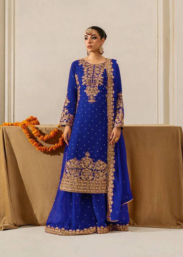 Prazu Fashion Blue Georgette Sequin With Rivet Moti Palazzo Suit