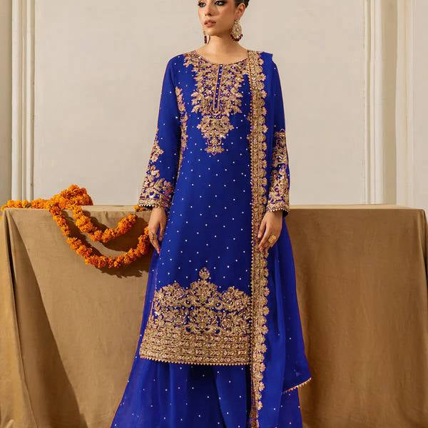 Prazu Fashion Blue Georgette Sequin With Rivet Moti Palazzo Suit