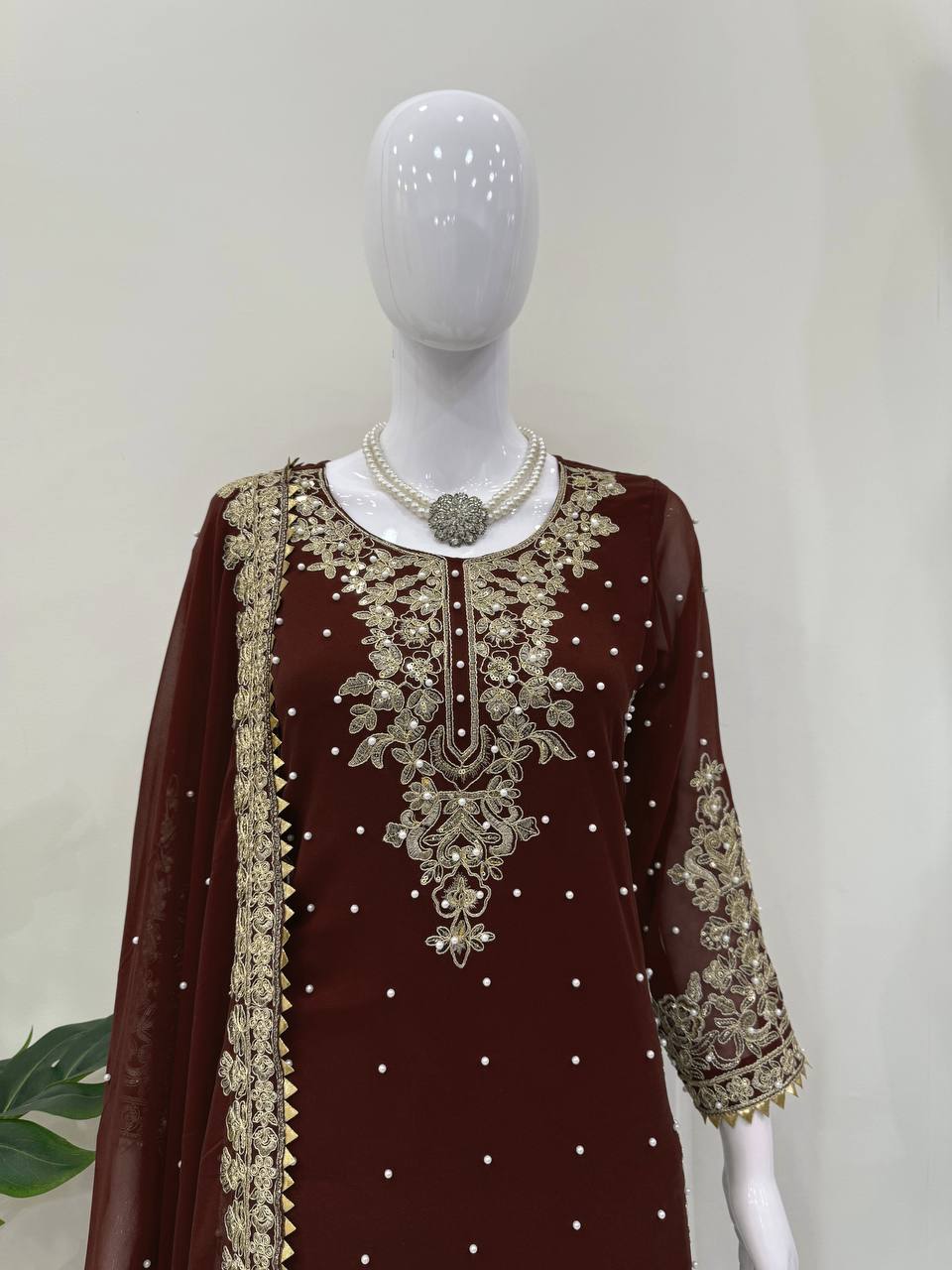 Prazu Fashion Coffee Georgette Sequin With Rivet Moti Palazzo Suit