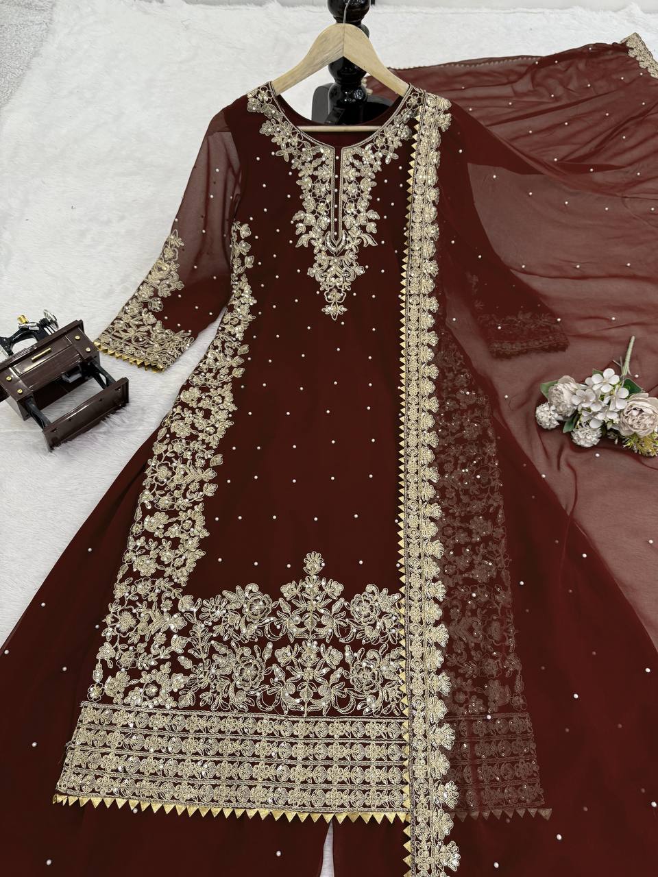 Prazu Fashion Coffee Georgette Sequin With Rivet Moti Palazzo Suit