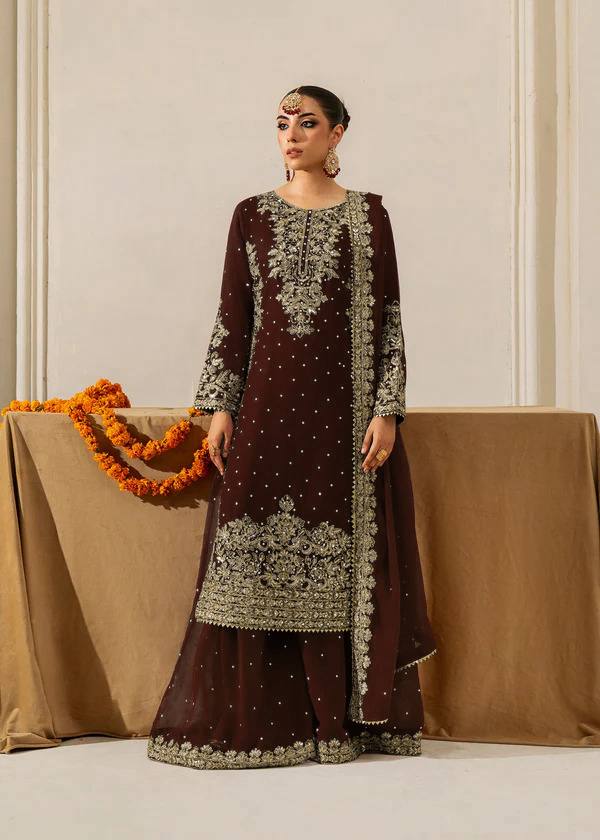 Prazu Fashion Coffee Georgette Sequin With Rivet Moti Palazzo Suit