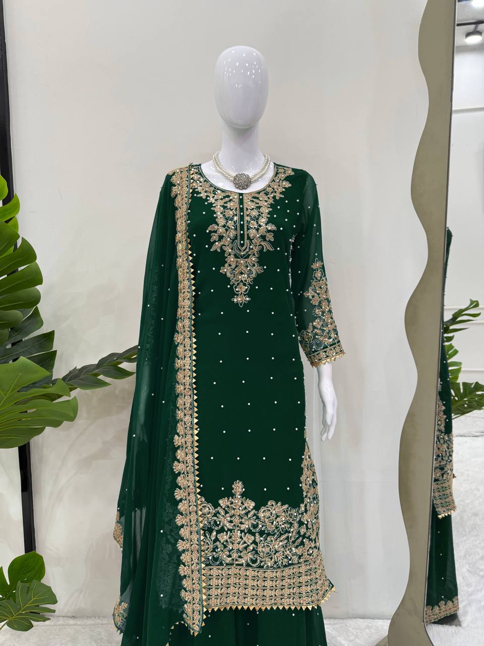 Prazu Fashion Green Georgette Sequin With Rivet Moti Palazzo Suit
