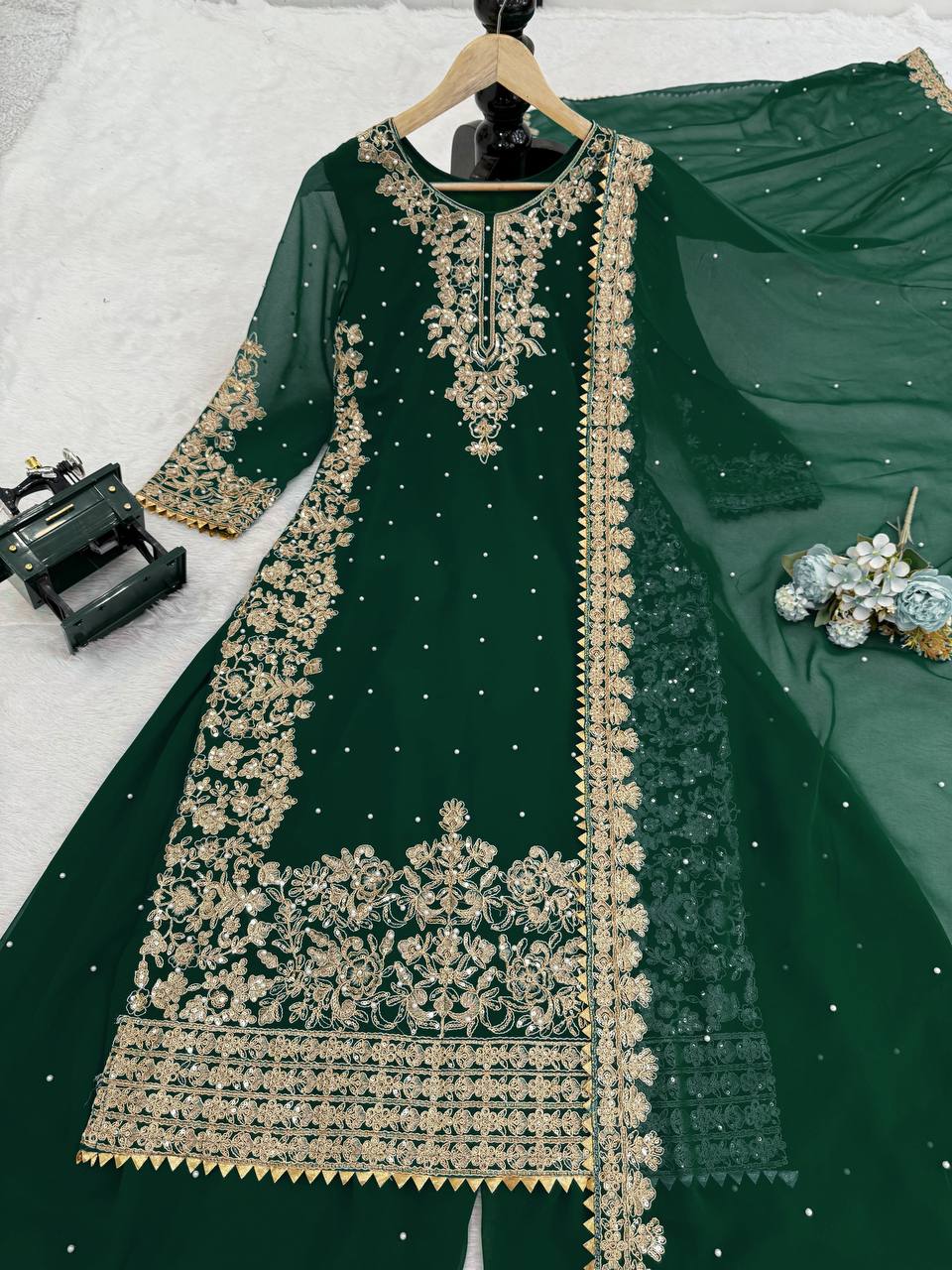 Prazu Fashion Green Georgette Sequin With Rivet Moti Palazzo Suit