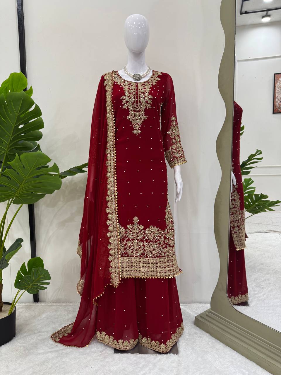 Prazu Fashion Maroon Georgette Sequin With Rivet Moti Palazzo Suit
