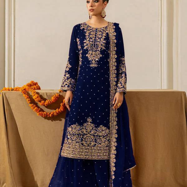 Prazu Fashion Navy Blue Georgette Sequin With Rivet Moti Palazzo Suit