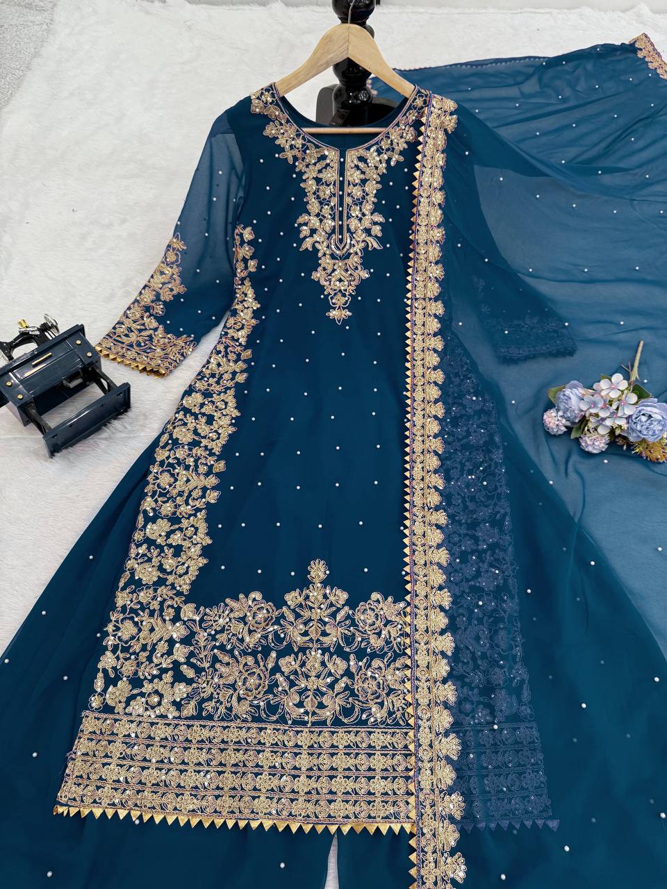 Prazu Fashion Royal Blue Georgette Sequence With Rivet Moti Palazzo Suit