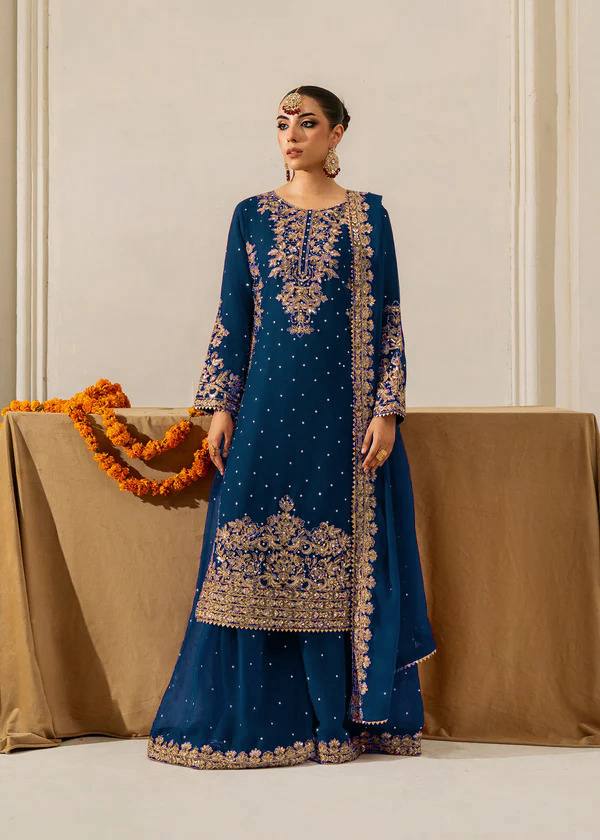 Prazu Fashion Royal Blue Georgette Sequence With Rivet Moti Palazzo Suit