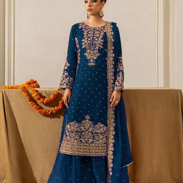 Prazu Fashion Royal Blue Georgette Sequence With Rivet Moti Palazzo Suit - Distacart