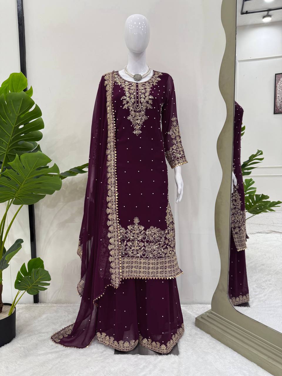 Prazu Fashion Wine Georgette Sequence With Rivet Moti Palazzo Suit