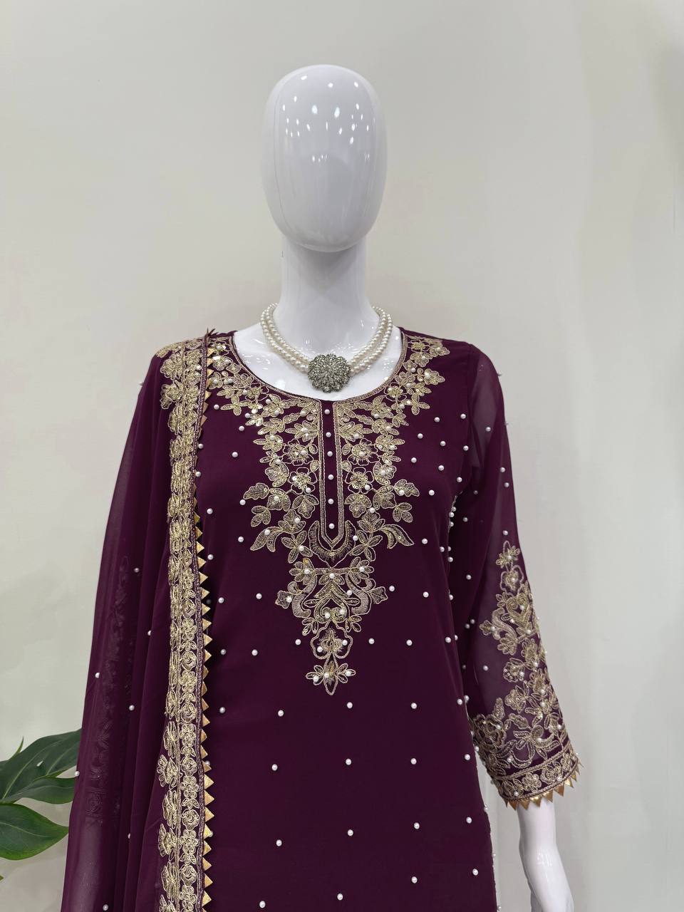 Prazu Fashion Wine Georgette Sequence With Rivet Moti Palazzo Suit