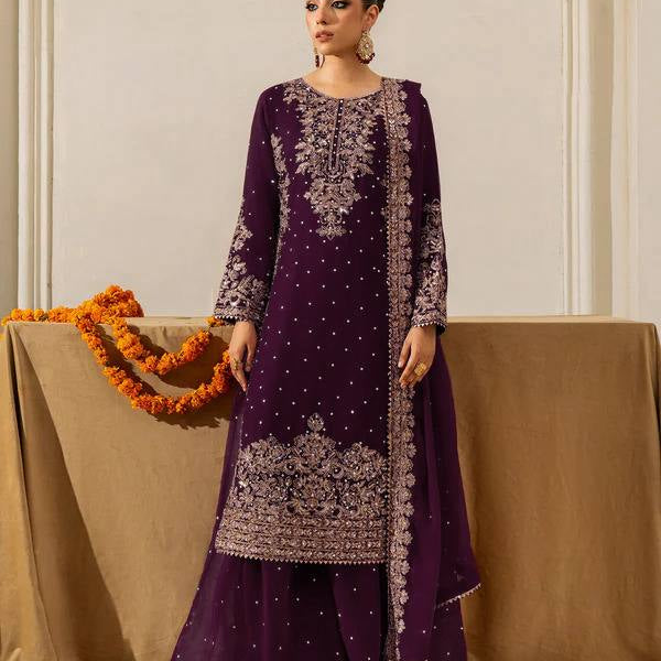 Prazu Fashion Wine Georgette Sequence With Rivet Moti Palazzo Suit