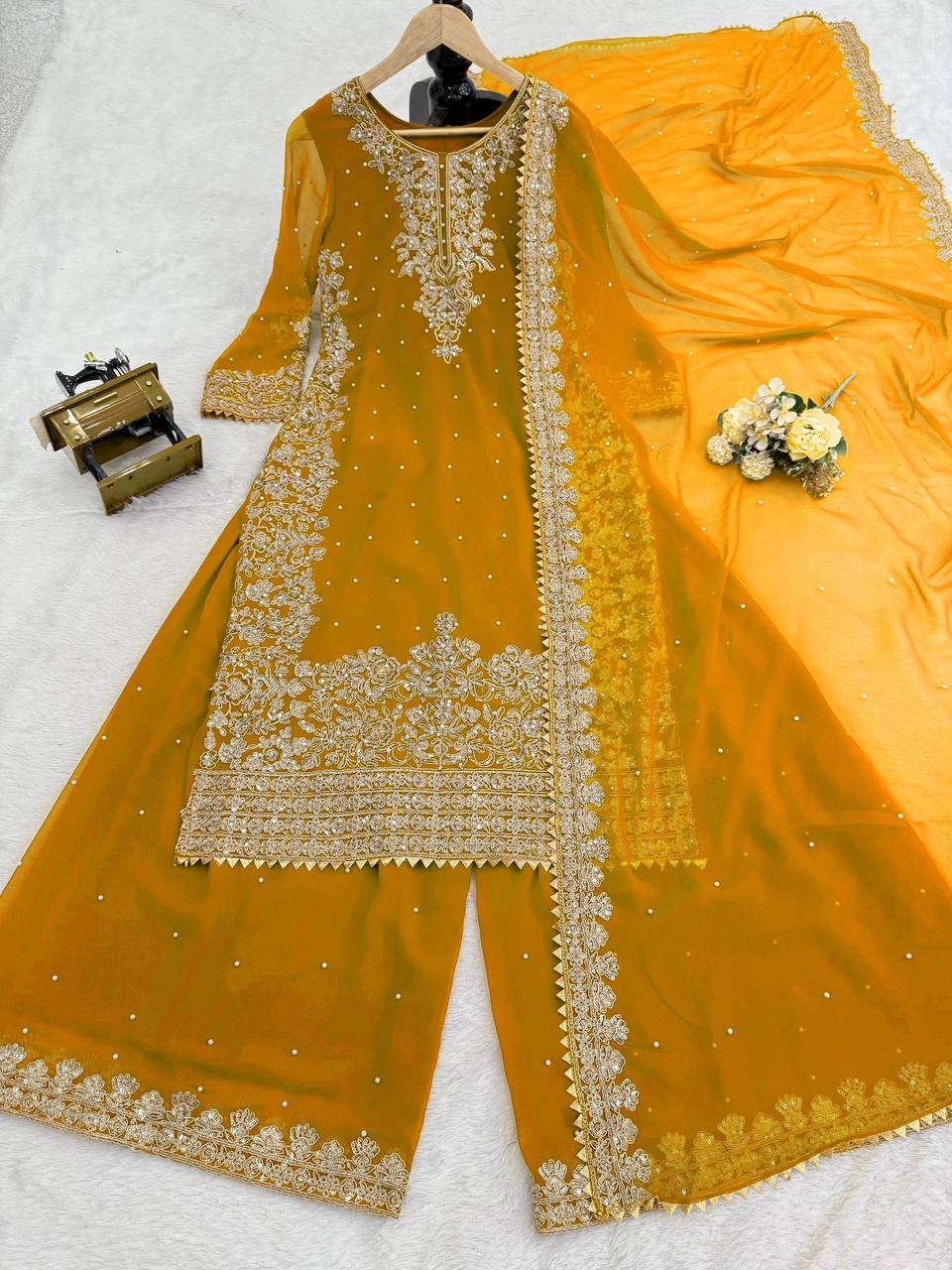 Prazu Fashion Yellow Georgette Sequence With Rivet Moti Palazzo Suit